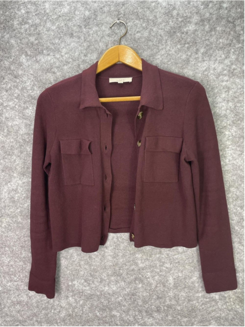 LOFT Sweater Womens Medium Purple Collared Button Front Knit Cardigan Pockets